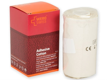 Bende elastiche adesive, di contenimento. Protette singolarmente da cellophane, in scatola. • Lunghezza: a riposo 2,5 metri, in trazione fino a m 4,5 metri • Larghezza: 10 cm Le bende adesive sono composte al 99.7% di cotone e allo 0.3% di poliammide. Produzione svizzera./GIMA / BENDa